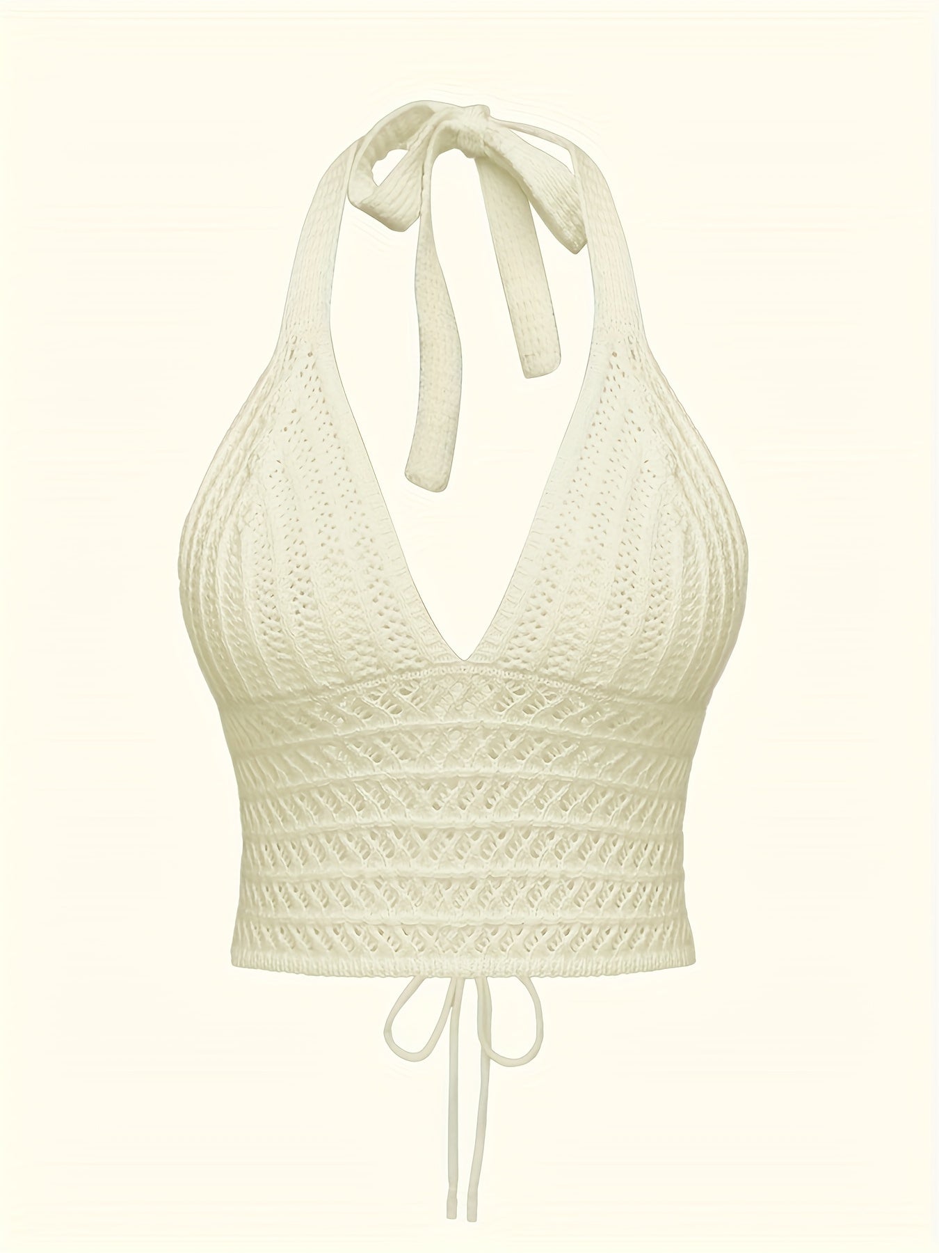 Solid Cross Tie Back Halter Top, Versatile V-neck Backless Crop Knitted Top, Women's Clothing
